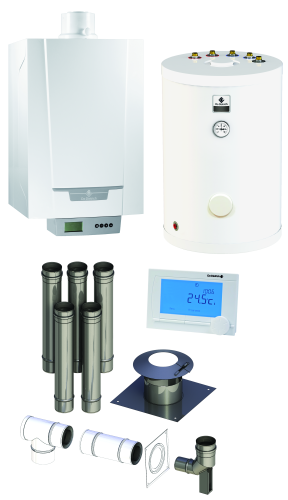 DE DIETRICH MCR3 Evo 24T Kocioł gazowy kondensacyjny jednofunkcyjny 24kW + Podgrzewacz c.w.u. SRK150  stojący okrągły 150l + termostat iSense + zestaw kominowy 7716670150KISDY